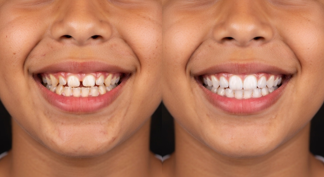 Before Invisalign close-up of mouth and teeth: 15-year-old with gapped and rotated teeth