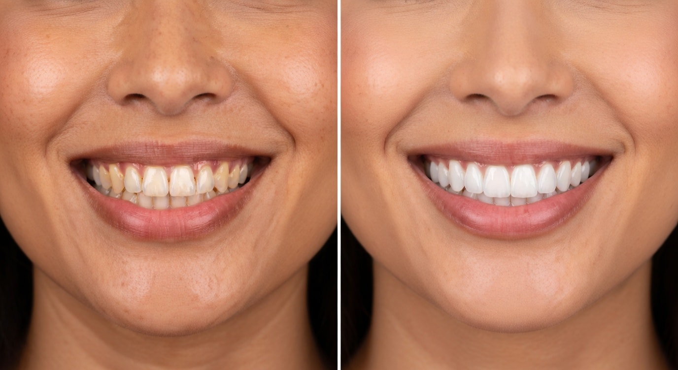 Before Invisalign close-up of mouth and teeth: 34-year-old woman with spacing and yellowed teeth