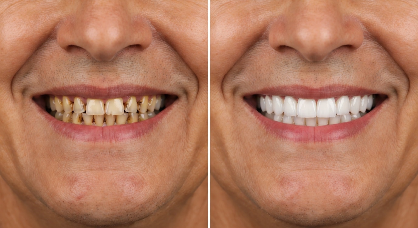 Before Invisalign close-up of mouth and teeth: 47-year-old man with severely worn, stained and uneven teeth