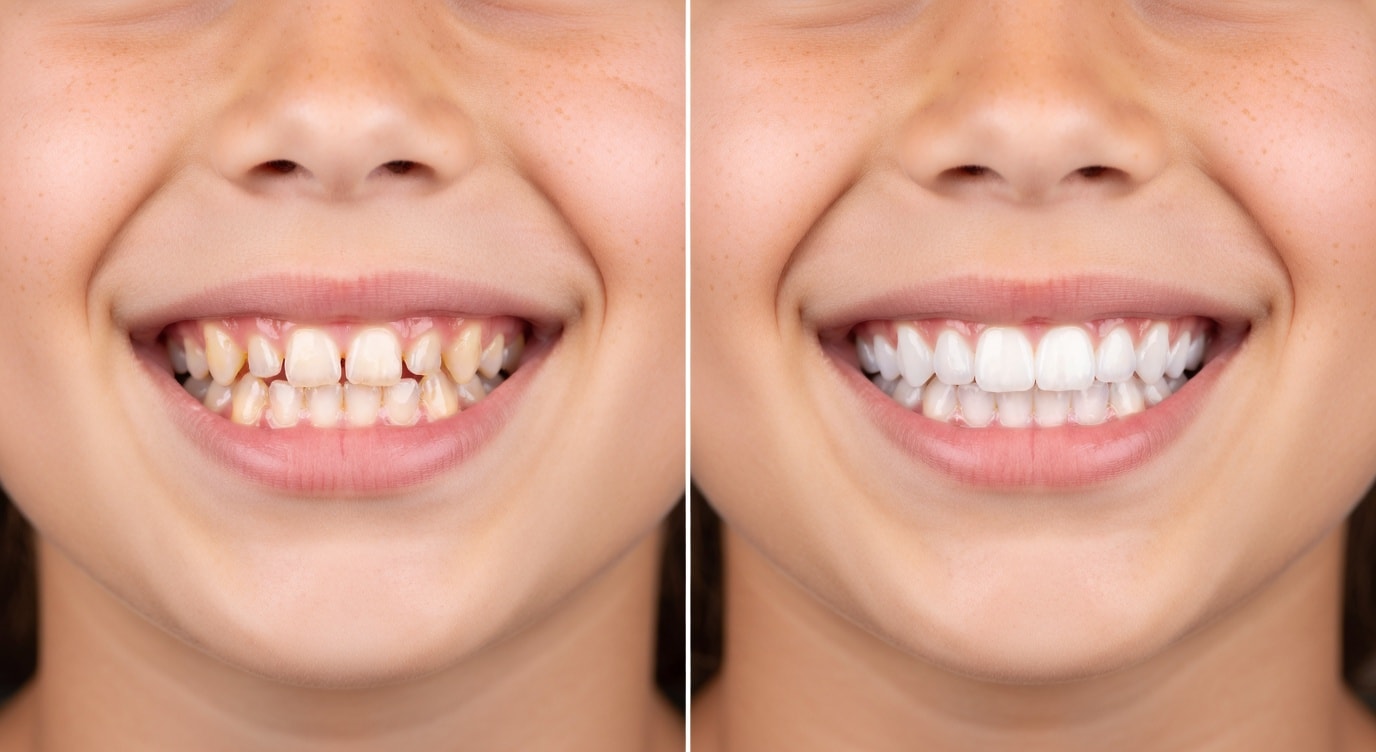 Before Invisalign close-up of mouth and teeth: 11-year-old boy with crowded and uneven front teeth