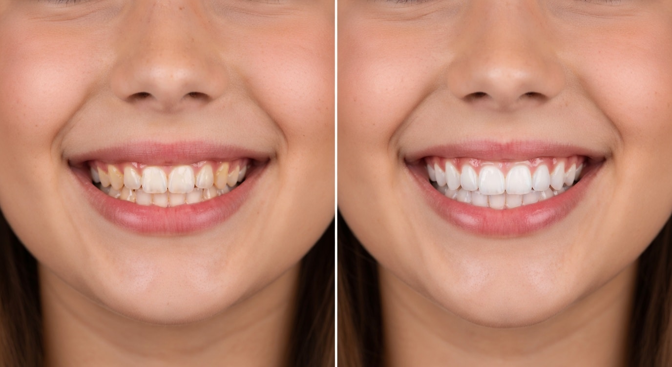 Before Invisalign close-up of mouth and teeth: 13-year-old girl with mild crowding and uneven smile line