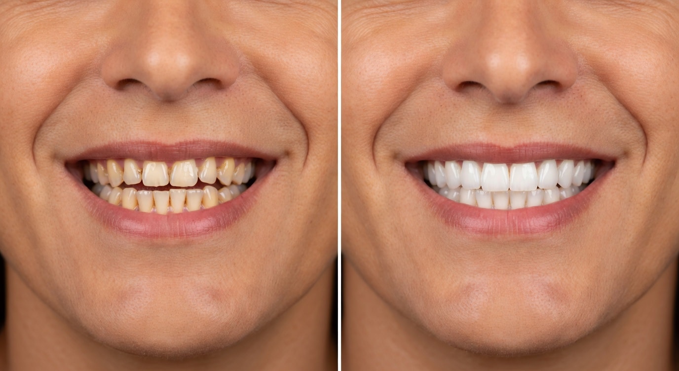 Before Invisalign close-up of mouth and teeth: 41-year-old woman with crowding, open bite tendency and staining