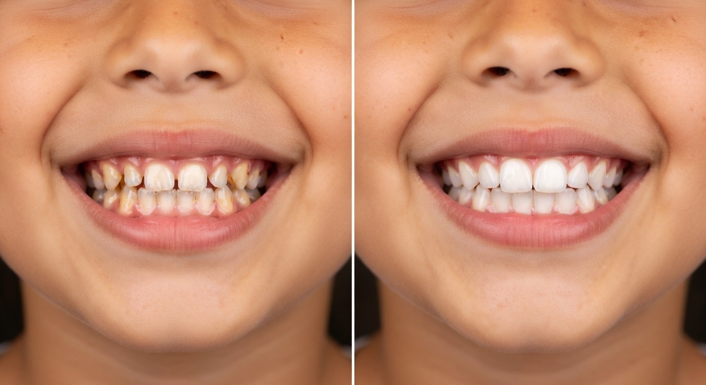 Before Invisalign close-up of mouth and teeth: 9-year-old boy with severely crowded and discolored front teeth