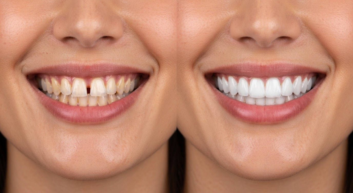 Before Invisalign close-up of mouth and teeth: 28-year-old woman with spacing, protrusion and staining