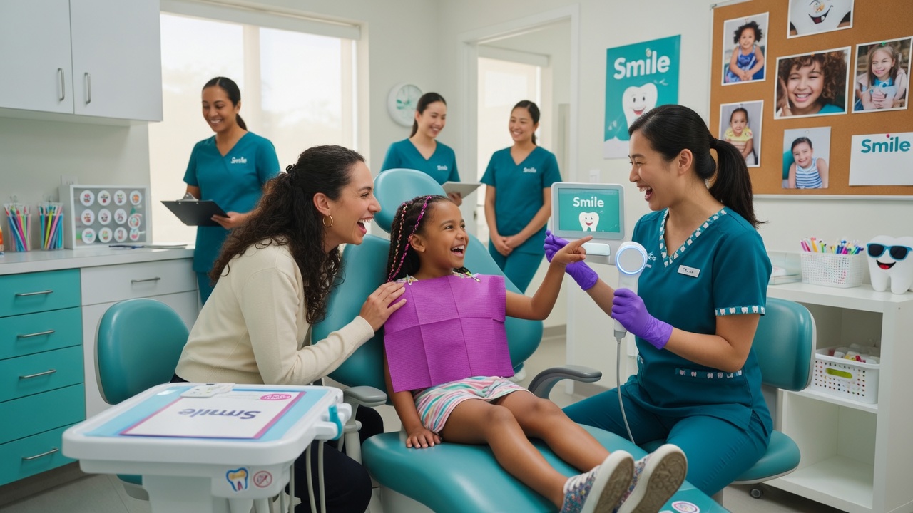 A mother and her young daughter sharing a joyful moment during a gentle dental exam with a friendly provider