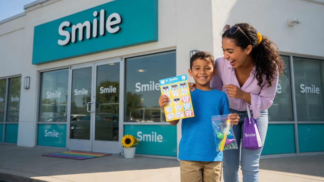 A happy young boy and his mother leaving the dental office with big smiles after a successful first visit