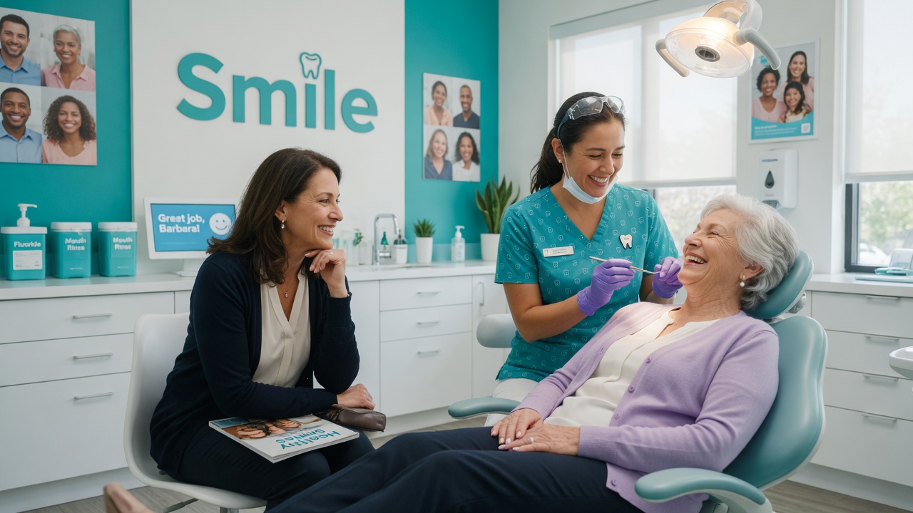 A smiling 65-year-old woman and her adult daughter sharing a positive first dental visit experience with a friendly hygienist