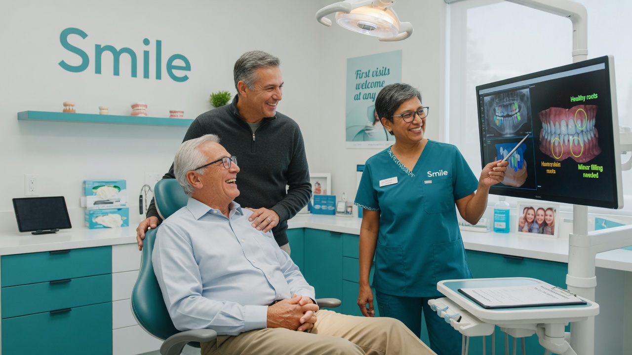 A relaxed 70-year-old man and his middle-aged son having a comfortable and reassuring dental exam with clear explanations