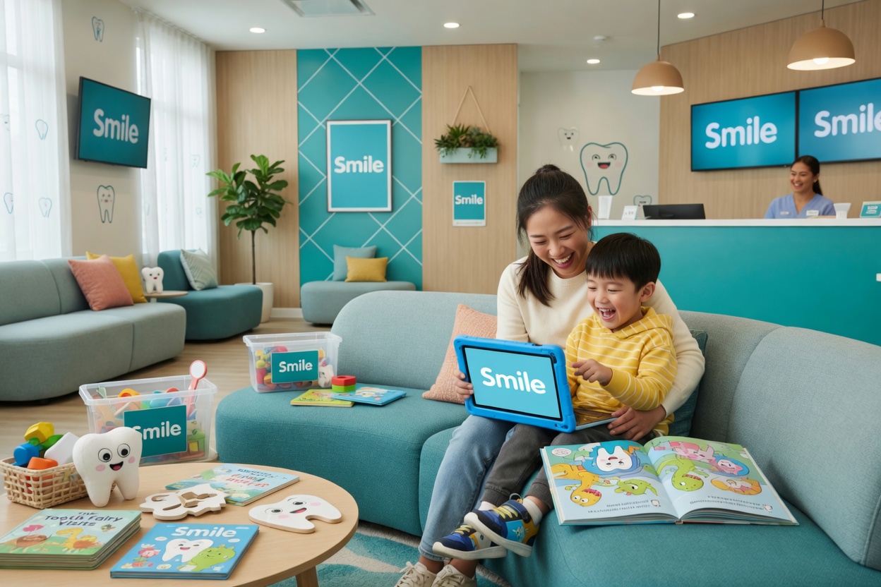 A mother and her young son relaxed and smiling together in the comfortable waiting area of our modern dental office